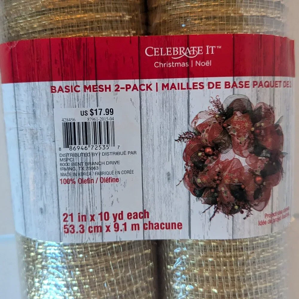 NWT 2 Large Gold Mesh Christmas Wreath Rolls Holiday Crafts Decor Celebrate It